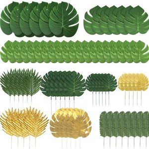 72 Pieces 10 Kinds Artificial Palm Leaves Golden Tropical Leaves w/ Stems Jungle